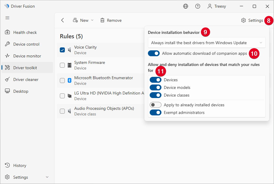 Driver toolkit device rules settings